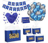 Soulchen Décorations d'anniversaire 5 sens avec bannière « Happy Bithday » - Ballon de pétales de rose pour décoration de fête d'anniversaire (bleu)