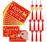 Soulchen Lot de 25 cartes de fortune du Nouvel An chinois 2026 du cheval à gratter avec 24 nœuds chinois rouges et pompons décoratifs pour cadeaux de réveillon du Nouvel An lunaire