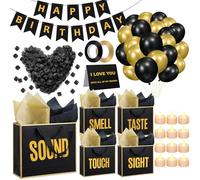 Soulchen Lot de 58 décorations d'anniversaire 5 sens avec papier de soie et poignée, bannière d'anniversaire noir, ballon doré, faux pétales, bougies LED pour lui, mari, petit ami