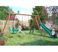 Portique en bois rond 4 agrès avec face à face et toboggan JACINTHE