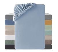 SOULFUL Drap Housse 180x200 Coton,Poches élastiques de 30 cm,100% Coton Lavé Texture Similaire à Celle du Lin Stone Washed Confortable Respirant Drap-Housse,Bleu Clair