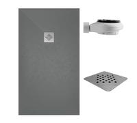 SoulHome Receveur de douche Résine 140x100 Ciment Grille Standard | Antidérapant C3, extra-plat, résine et charge minérale, texture pierre lisse, antibactérien, gel-coat, + bonde d'évacuation