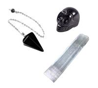 Soulnioi 1 crâne sculpté en obsidienne noire, 1 bâton de cristal de sélénite naturelle et 1 baguette de quartz blanc et 1 chaîne de perles 7 chakras en obsidienne noire hexagonale pour radiesthésie