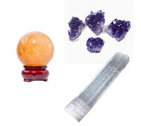 Soulnioi Boule de quartz citrine en cristal jaune avec base en bois (5 cm), décoration Feng Shui Reiki, 1 grappe d'améthyste brute aléatoire, 1 bâton de cristal de sélénite naturelle