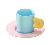 soulnioi Ensemble tasse à café et soucoupe en céramique de 210 ml - Design bloc de couleur bleu et jaune - Tasse élégante pour le petit déjeuner ou l'heure du thé