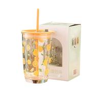 Soulnioi Gobelet en verre vert de 400 ml avec échelle, paille et couvercle, bocal en verre portable avec motif, pour café, jus, milkshake (jaune)