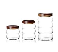 Soulnioi Lot de 3 bocaux en verre ondulé incurvé avec couvercle hermétique pour cuisine, récipient de stockage des aliments avec couvercle en bois pour servir du thé, du