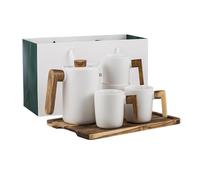 Soulnioi Théière en céramique de 1000 ml avec plateau + 4 tasses à thé en céramique avec poignée en bois de 350 ml, théière en céramique avec poignée en bois, service à thé pour adultes avec coffret