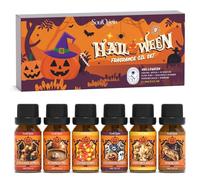 SoulOrigin Kit d'huiles essentielles d'Halloween pour diffuseurs d'huile, pierre parfumée et savon - 6 x 10 ml - Pommes caramel, gâteau citrouille, maïs, biscuits d'Halloween, boules de pop-corn