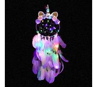 SoulQool Attrape-rêves licorne avec lumières, plumes colorées, fait à la main, pour décoration murale de chambre à coucher (violet avec lumières colorées)