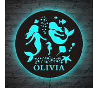 SOULSIS Lampe à LED en bois personnalisée sirène avec décor de nom Veilleuse colorée à LED Cadeau d'amour pour enfants Amis Famille Petite amie Personnalisée en bois Gravé Nom Applique murale