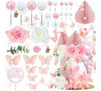 SoundZero 52 Pièces Boule Gâteau Topper, Décoration De Gâteau Papillon, décorations de gâteau forme de feuilles palmier, écorations de gâteau bohème, Fleurs Feuilles de palmier Décoration gâteau(rose)