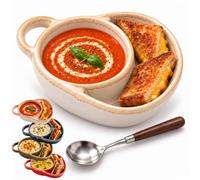 Soup and Sandwich Bowls Combo, Ceramic Soup Bowls with Bread Holder (White) | Soup Bowl with Side Compartment, Soup and Salad Plate Combo for Breakfast Cookies Bread Fruits, Microwave & Dishwasher Safe