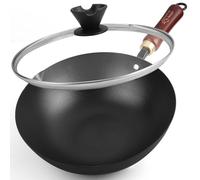 Souped Up Recipes Wok en acier carbone de 25,4 cm pour cuisinières électriques, à induction et à gaz (couvercle et guide d'utilisation vidéo inclus)