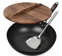Souped Up Recipes Wok en acier carbone de 34 cm pour cuisinières électriques, à induction et à gaz (couvercle, spatule et guide d'utilisation vidéo inclus)