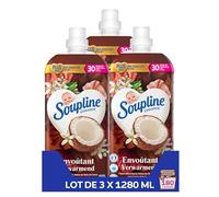 SOUPLINE Adoucissant Linge Concentré Senteur Fleurs Blanches & Notes de Noix de Coco, Assouplissant Linge Formule Améliorée pour Plus de Parfum*,Assouplissant Textile Liquide, Soupline Lot de 3x1,28L