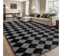 Sour Lemon Tapis à carreaux à poils longs, tapis pour salon, antidérapant, lavable, extra grand, moelleux, tapis à poils longs pour chambre à coucher et chambre d'enfant, couleur : noir et gris
