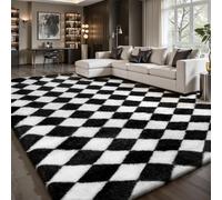 Sour Lemon Tapis à poils longs à carreaux, tapis pour salon, antidérapant, lavable, extra grand, moelleux, tapis à poils longs pour chambre à coucher et chambre d'enfant, couleur : noir et blanc
