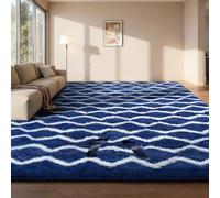 Sour Lemon Tapis De Salon Poils Longs Grand Tapis de Sol Doux et Moelleux pour Chambre Design Moderne Dessous Antidérapant Lavable, Tapis Rayé Bleu Marine et Blanc, 240x300 cm