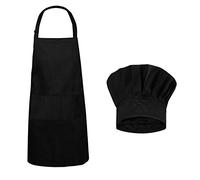 SourceTon Tablier de chef réglable avec poches et chapeau de chef élastique réglable pour homme et femme, noir