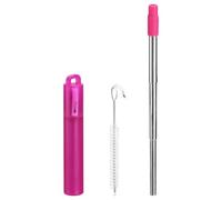 sourcing map 1 Ensemble Réutilisable Métal Pailles, 3.7"-8.3" Portable Télescopique Inox Acier Boire Paille Silicone Buse pour Boire Boisson, avec Étui et Nettoyage Brosse (Fuchsia)