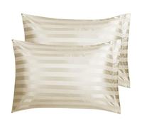 sourcing map 2pcs Taie d'oreiller en Satin de Soie Soyeux Fermeture Enveloppe Doux pour Cheveux Peau Rayé Taupe Queen(20"x30")