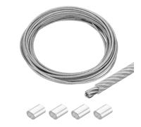sourcing map Câble métallique de 20 m en acier inoxydable 304 gainé avec revêtement en vinyle de 4 mm avec 4 manchons en aluminium pour accrocher, corde à linge, levage transparent, fil acier