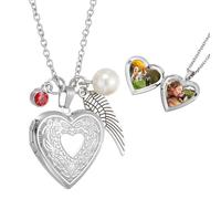 sourcing map Collier médaillon en forme de cœur pour femme, médaillon floral gravé qui peut contenir une photo avec pierre de naissance, aile, perle et coffret cadeau pour femme, taille unique, Acier