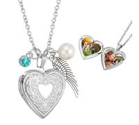 sourcing map Collier médaillon en forme de cœur pour femme, médaillon floral gravé qui peut contenir une photo avec pierre de naissance, aile, perle et coffret cadeau pour femme, taille unique, Acier