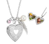 sourcing map Collier médaillon en forme de cœur pour femme, médaillon floral gravé qui peut contenir une photo avec pierre de naissance, aile, perle et coffret cadeau pour femme, taille unique, Acier