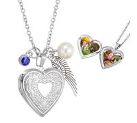 sourcing map Collier médaillon en forme de cœur pour femme, médaillon floral gravé qui peut contenir une photo avec pierre de naissance, aile, perle et coffret cadeau pour femme, taille unique, Acier
