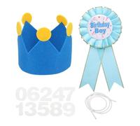 sourcing map Ensemble couronne d'anniversaire, broche en ruban et chapeau couronne en feutre avec chiffres de 0 à 9 pour fête à thème, décoration de fête, accessoires photo, fête d'anniversaire, bleu