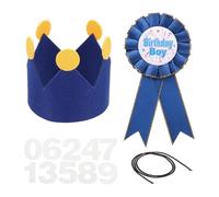 sourcing map Ensemble couronne d'anniversaire, broche en ruban et chapeau couronne en feutre avec chiffres de 0 à 9 pour fête à thème, décoration de fête, accessoires photo, fête d'anniversaire, bleu