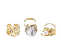 sourcing map Ensemble de grosses bagues en or pour femme - Réglable - Empilable - Avec perles - Style vintage, Acier allié, Aucune pierre précieuse