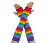 sourcing map Femmes hiver acrylique arc-en-ciel bande sans doigts trou de pouce longueur du coude longs gants tricotés Multicolore One Size