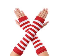 sourcing map Gants sans doigts tricotés à rayures pour femmes avec trou pour le pouce et longueur du coude 1 paire Rayures Larges Blanc Rouge M