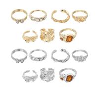sourcing map Lot de 14 grosses bagues en or réglables avec pierres précieuses empilables pour femme - Style vintage - Ton doré/argenté
