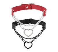 sourcing map Lot de 2 colliers ras du cou en cuir synthétique avec cœur - Style gothique, punk, grunge, emo - Réglable - Pour femme - Noir argenté et rouge