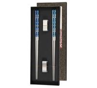 sourcing map Lot de 2 paires de baguettes carrées légères en acier inoxydable - 23,5 cm - Accessoires de table pour la maison - Bleu argenté avec support argenté