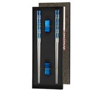 sourcing map Lot de 2 paires de baguettes carrées légères en acier inoxydable - 23,5 cm - Accessoires de table pour la maison - Bleu argenté avec support bleu