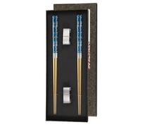 sourcing map Lot de 2 paires de baguettes carrées légères en acier inoxydable - 23,5 cm - Accessoires de table pour la maison - Bleu doré avec support argenté