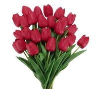 sourcing map Lot de 24 tulipes artificielles en polyuréthane au toucher réaliste avec tiges pour décoration d'intérieur, mariage, hôtel, bureau, centre de table, rouge vin