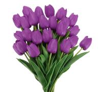 sourcing map Lot de 24 tulipes artificielles en polyuréthane au toucher réaliste avec tiges pour décoration d'intérieur, mariage, hôtel, bureau, centre de table, violet