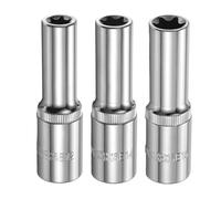 sourcing map Lot de 3 douilles E-Torx 1/2" E12-E16 - Douille femelle en forme d'étoile - Longueur : 7,9 cm - Douille profonde - Plaqué chrome - Manchon cannelé à 6 points pour réparations automobiles