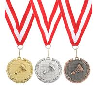 sourcing map Lot de 3 médailles de badminton de 5,1 cm, médailles de récompense dorées, argentées, bronzes, avec ruban de cou pour jeux d'équipe, compétitions, cadeaux de fête