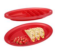 sourcing map Lot de 4 assiettes à tacos en plastique pour fête, 33 x 22 cm, plateaux de service en plastique avec 4 supports debout et 2 zones de trempage pour restaurant, pique-nique, rouge