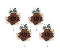 sourcing map Lot de 4 boutonnières marron pour homme, fleurs artificielles de poche pour mariage, mariée, marié, cérémonie, anniversaire, bal de fin d'année, fête