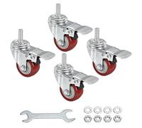 sourcing map Lot de 4 roulettes pivotantes à tige filetée de 5,1 cm, filetage 3/8"-16UNC, roue en polyuréthane avec frein, charge de 50 kg pour chariots de meubles, rouge