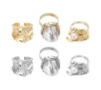 sourcing map Lot de 6 grosses bagues empilables en or pour femme - Avec perles - Style vintage - Ton doré et argenté