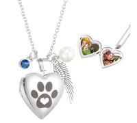 sourcing map Pendentif médaillon en forme de patte de chien pour femme, en acier inoxydable, avec pierre de naissance, aile, perle et boîte cadeau pour les amoureux des chiens et des chats, L, Acier